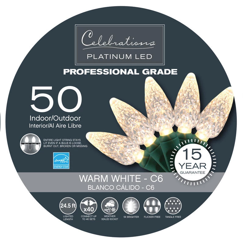 Budget 😀 Celebrations Platinum LED C6 Clear/Warm White 50 ct String Christmas Lights 24.5 ft. 🔥 1 Budget 😀 Celebrations Platinum LED C6 Clear/Warm White 50 ct String Christmas Lights 24.5 ft. 🔥